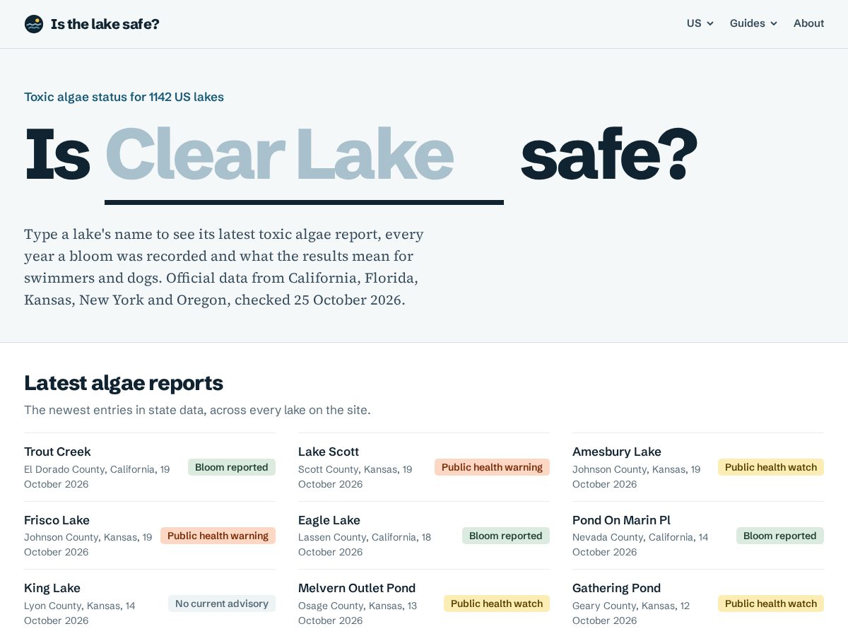 Landing-page snapshot of isthelakesafe.com