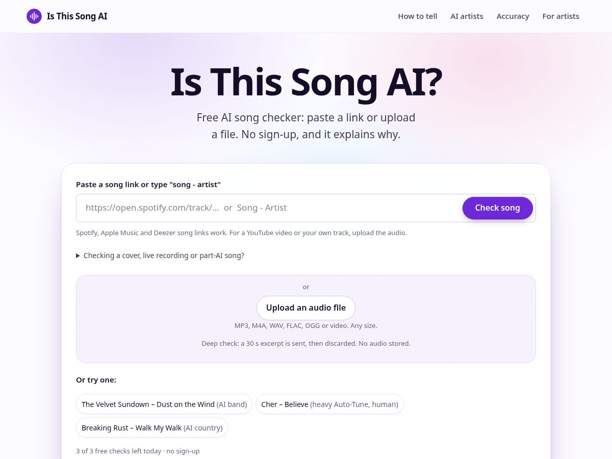 Landing-page snapshot of isthissongai.app