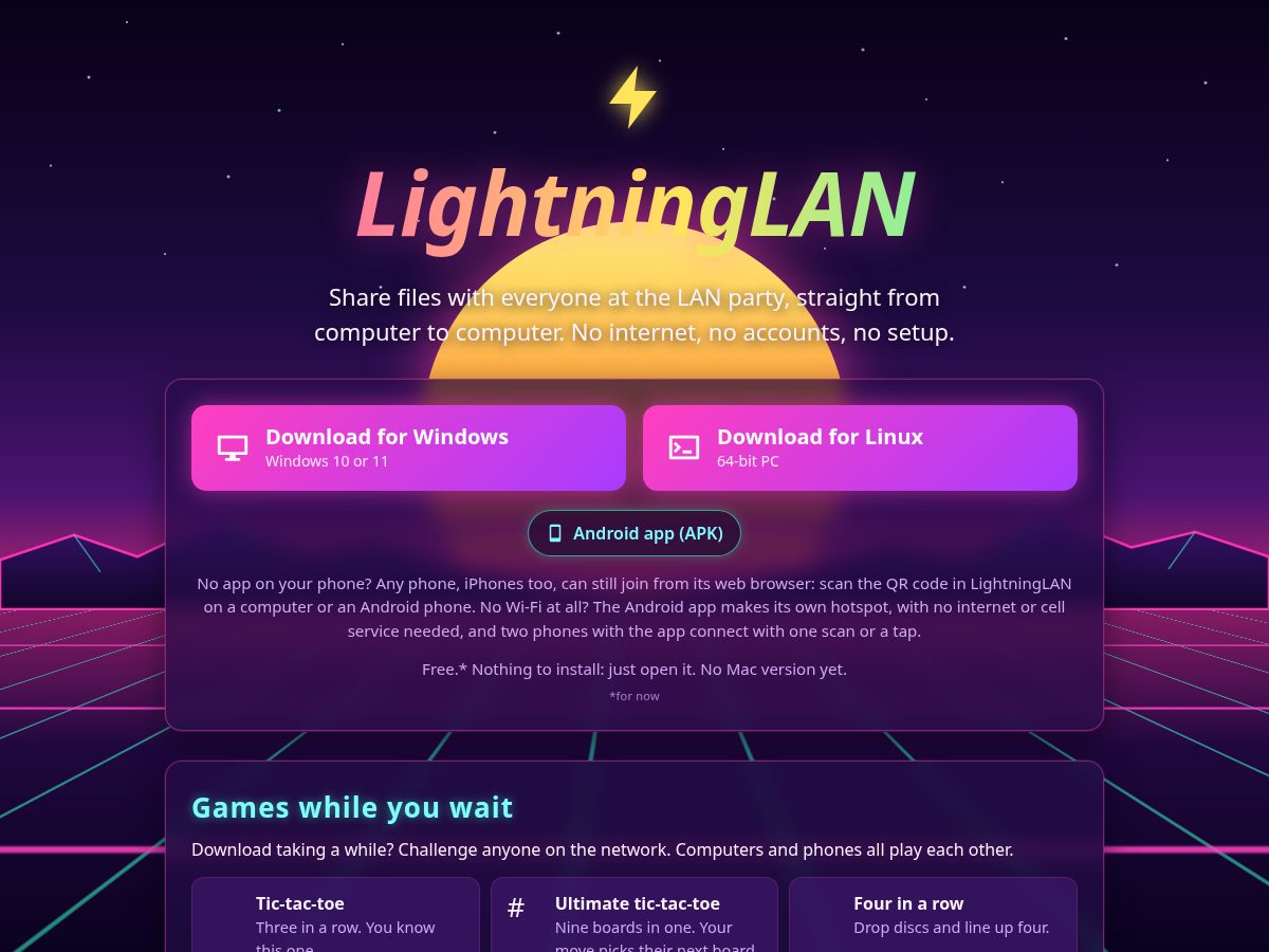 Landing-page snapshot of lightninglan.party