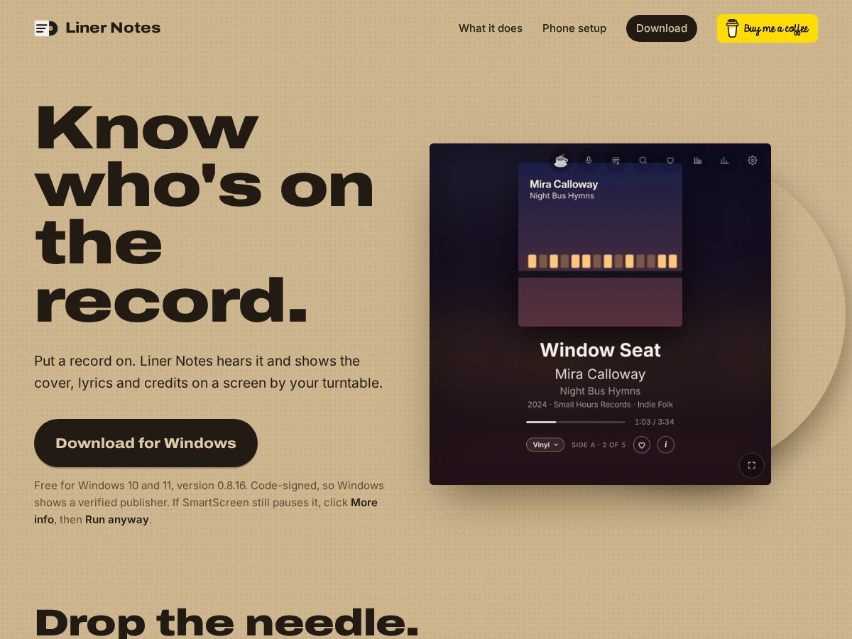 Landing-page snapshot of liner-notes.app