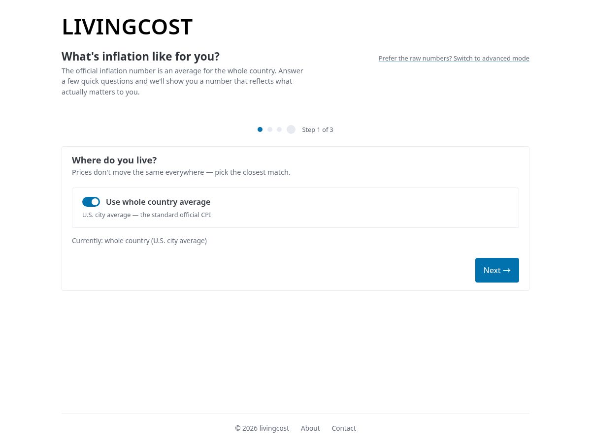 Landing-page snapshot of livingcost.app
