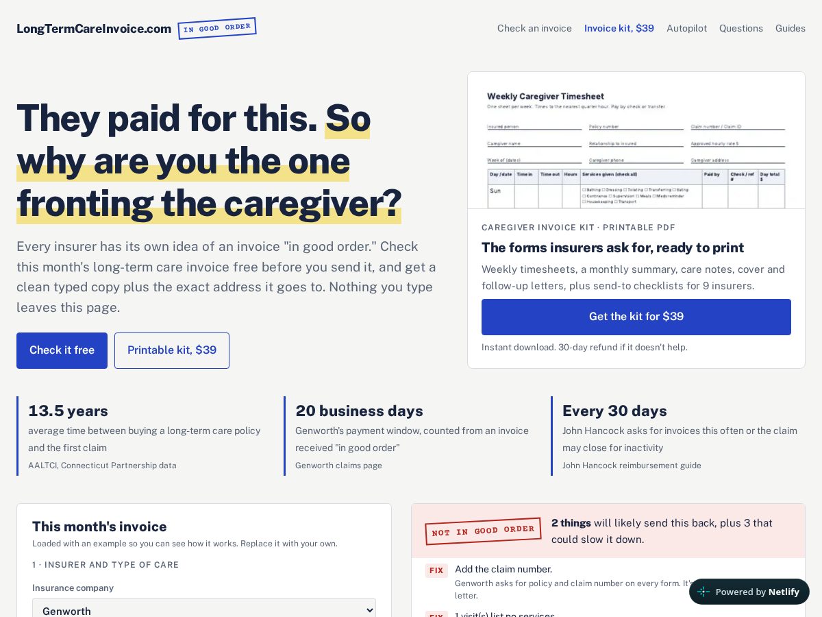 Landing-page snapshot of longtermcareinvoice.com