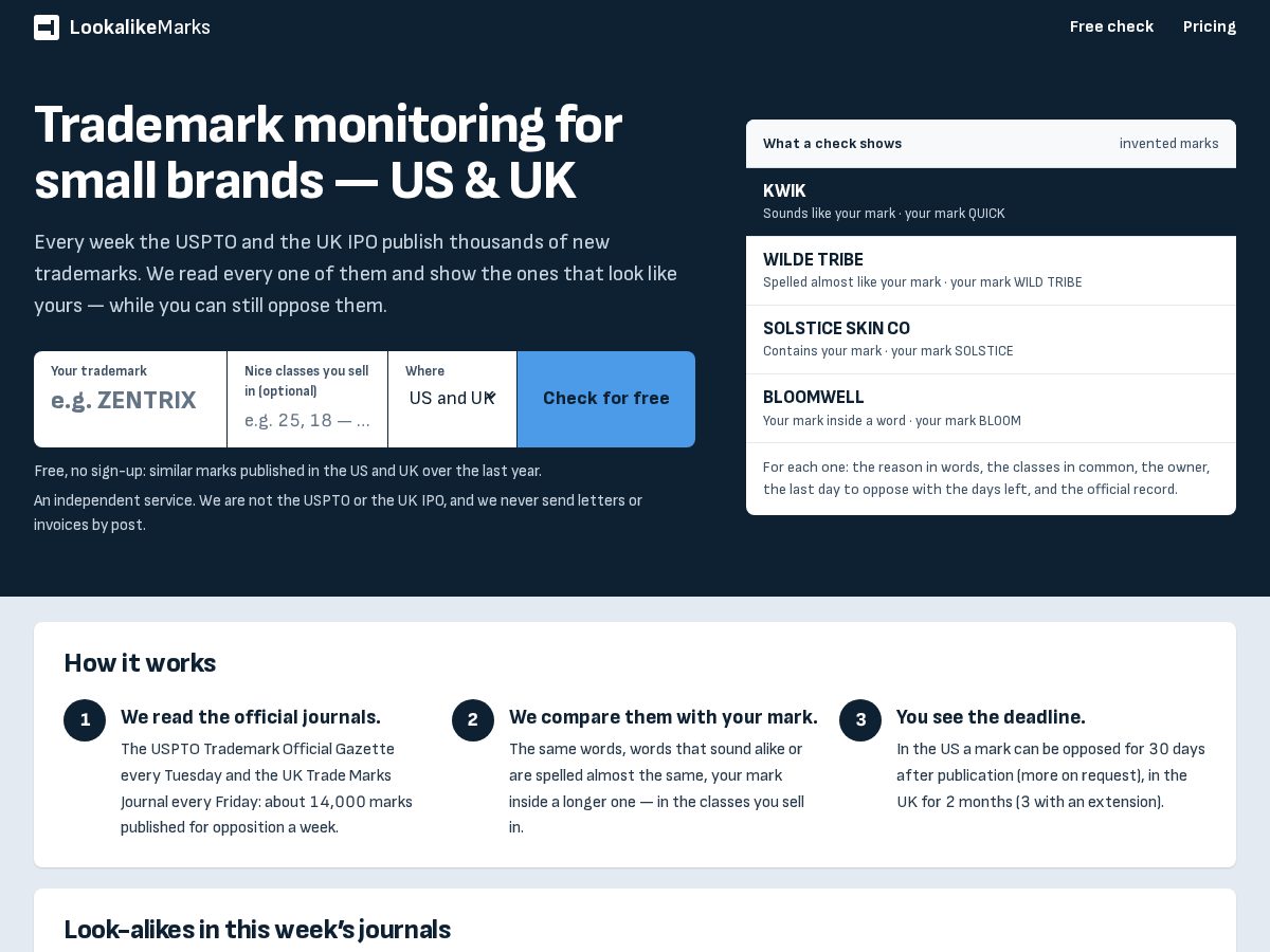 Landing-page snapshot of lookalikemarks.com