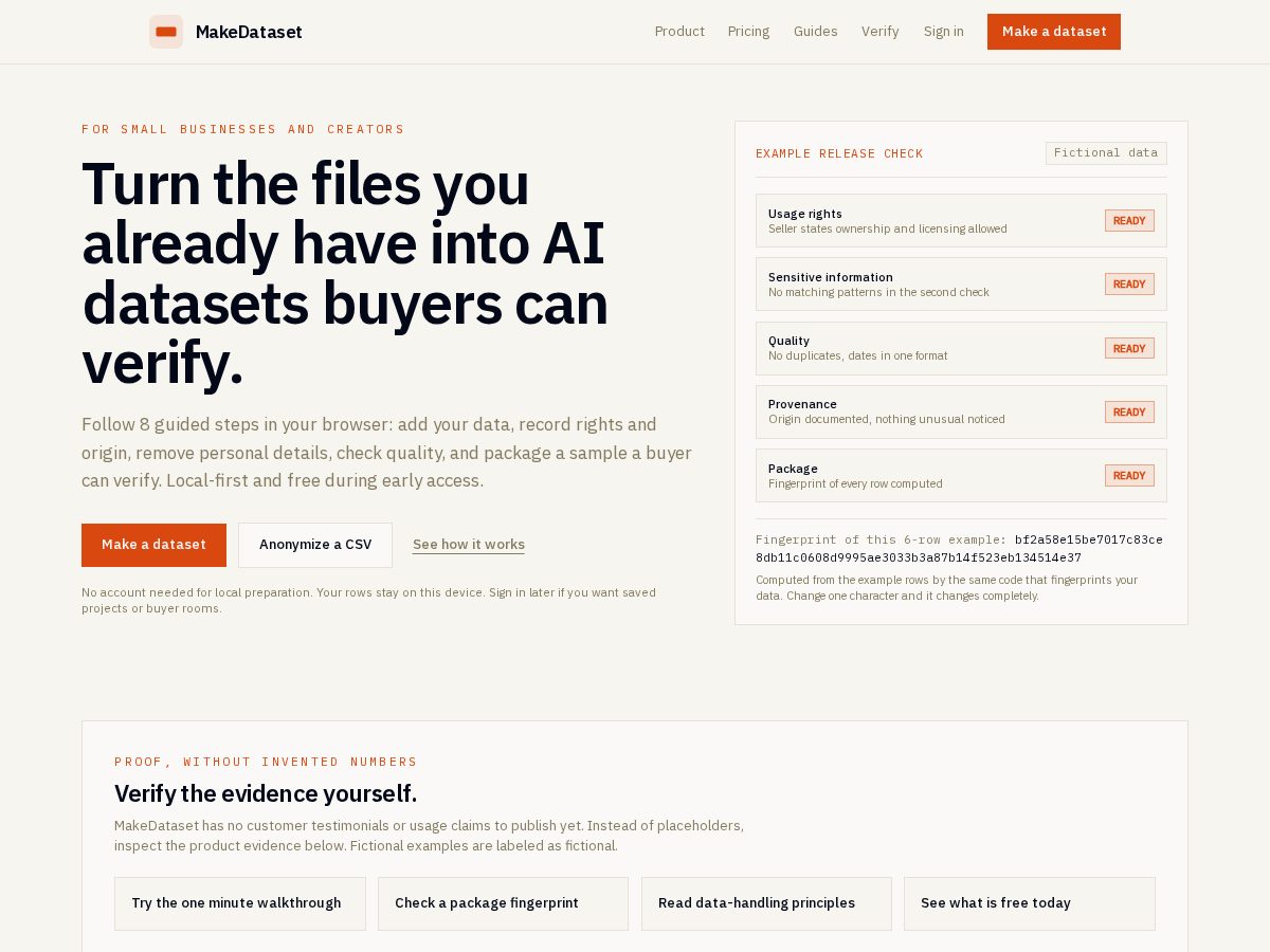 Landing-page snapshot of makedataset.com