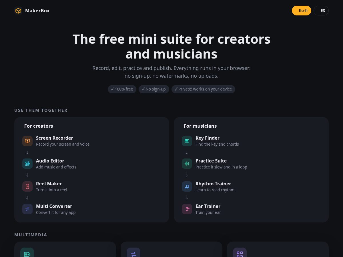 Landing-page snapshot of makerbox.app