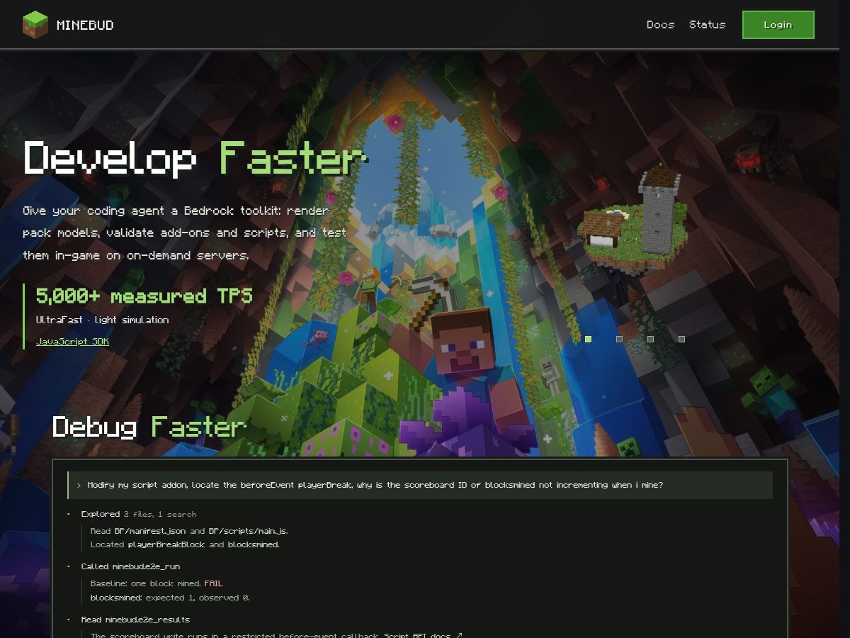 Landing-page snapshot of minebud.dev