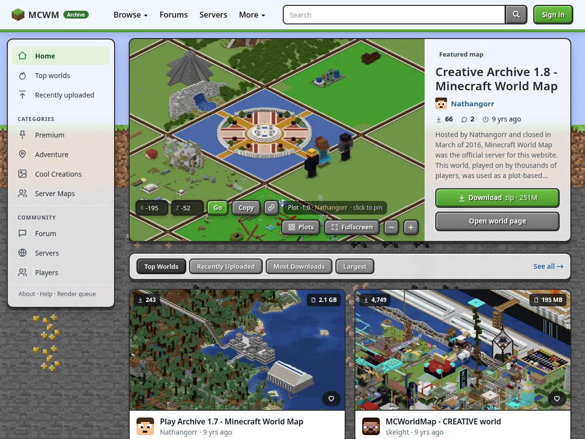Landing-page snapshot of minecraftworldmaps.com