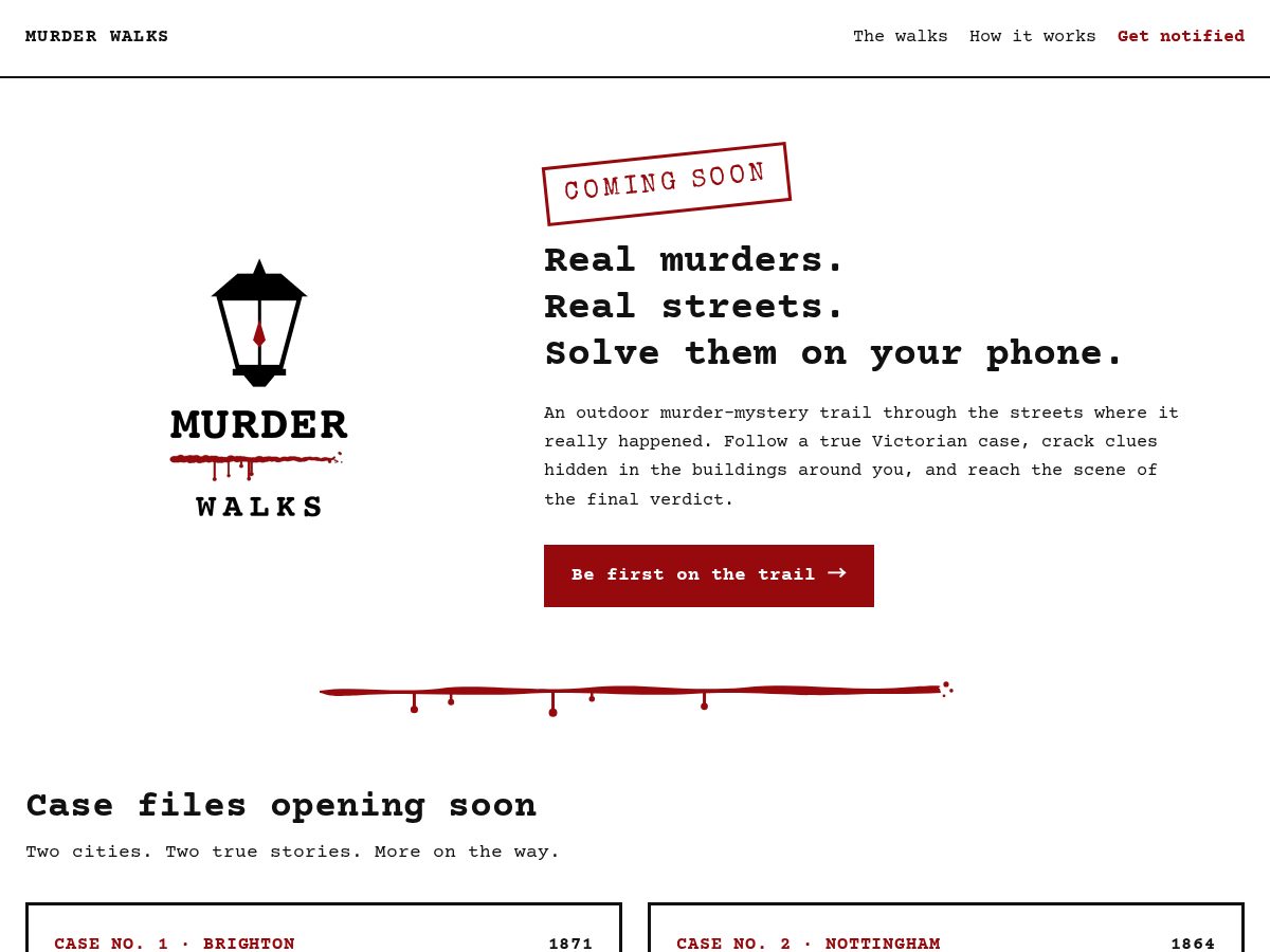 Landing-page snapshot of murderwalks.com