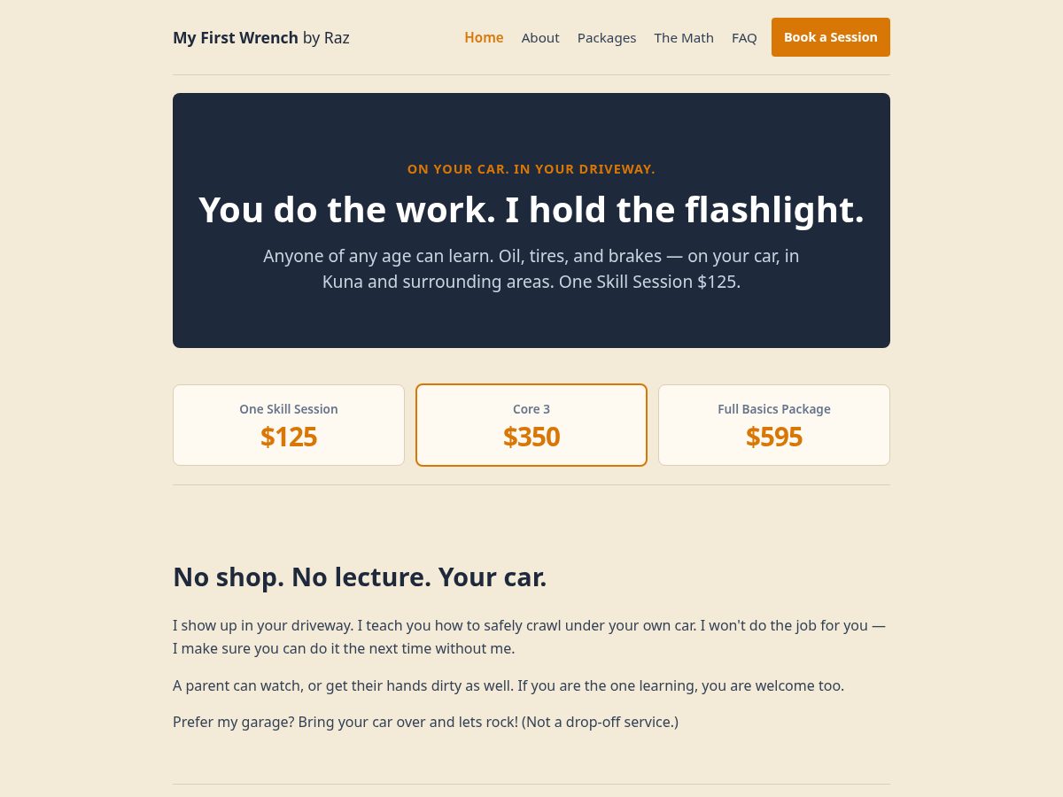 Landing-page snapshot of myfirstwrench.com