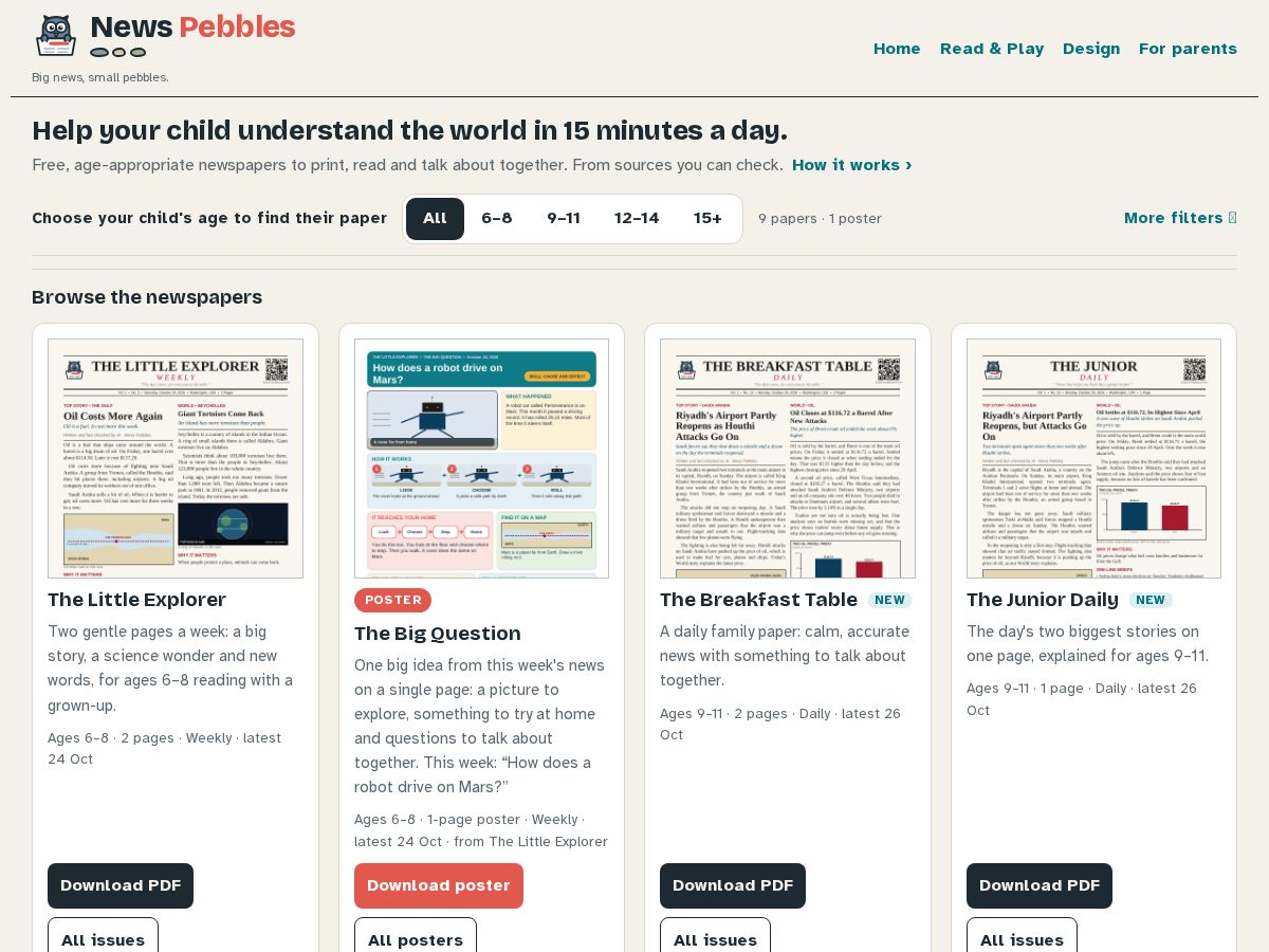 Landing-page snapshot of newspebbles.com