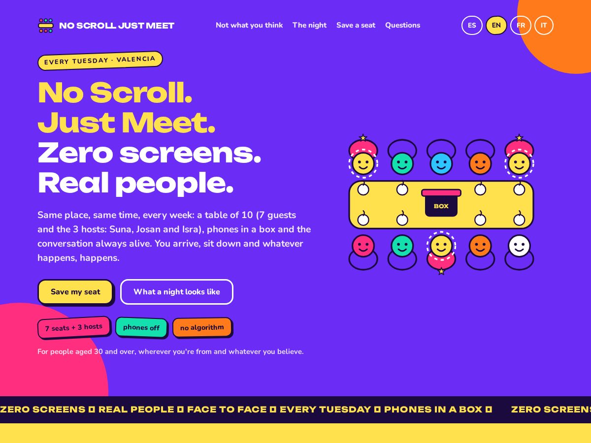 Landing-page snapshot of noscrolljustmeet.com