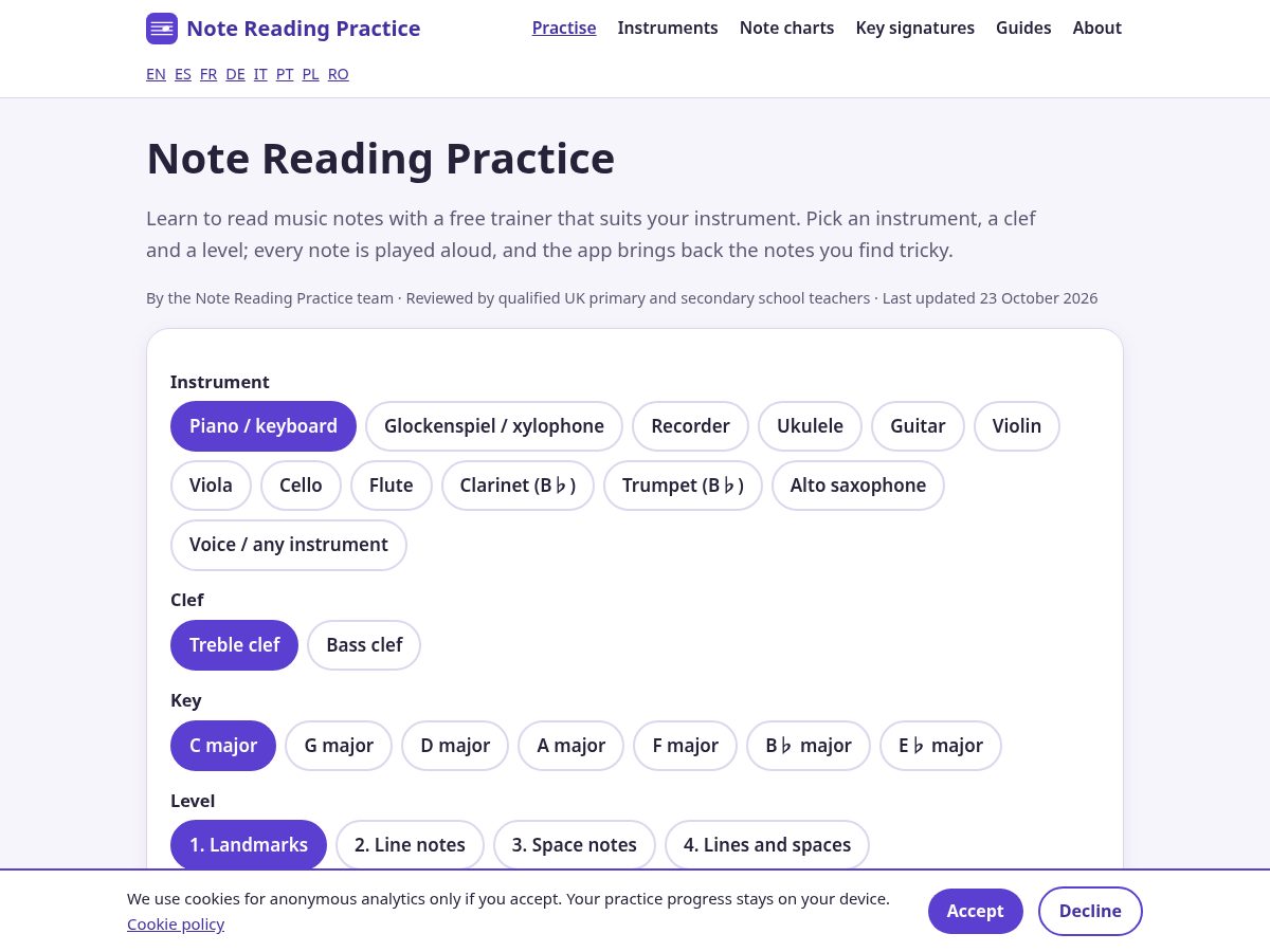 Landing-page snapshot of notereadingpractice.com