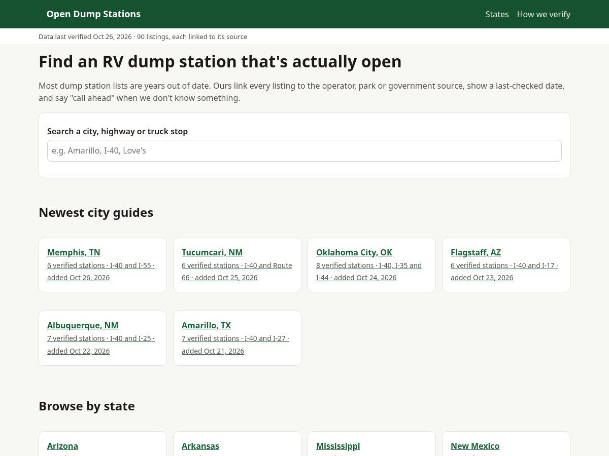 Landing-page snapshot of opendumpstations.com