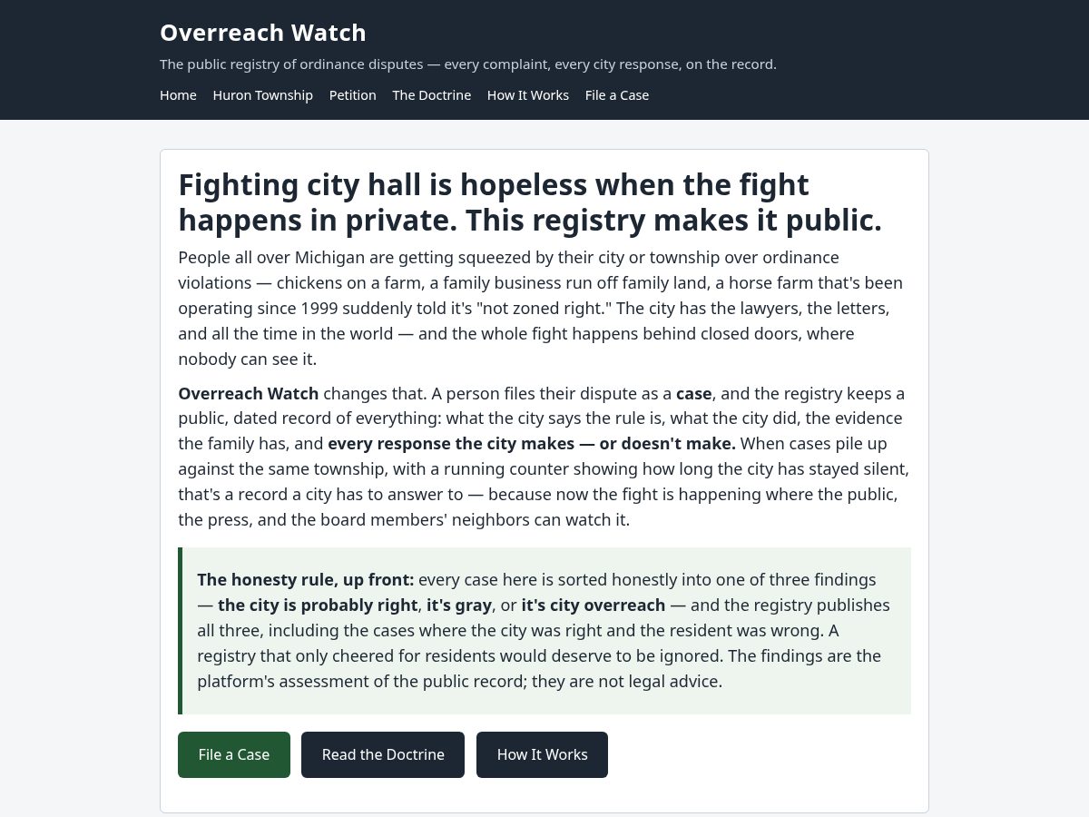 Landing-page snapshot of overreachwatch.com