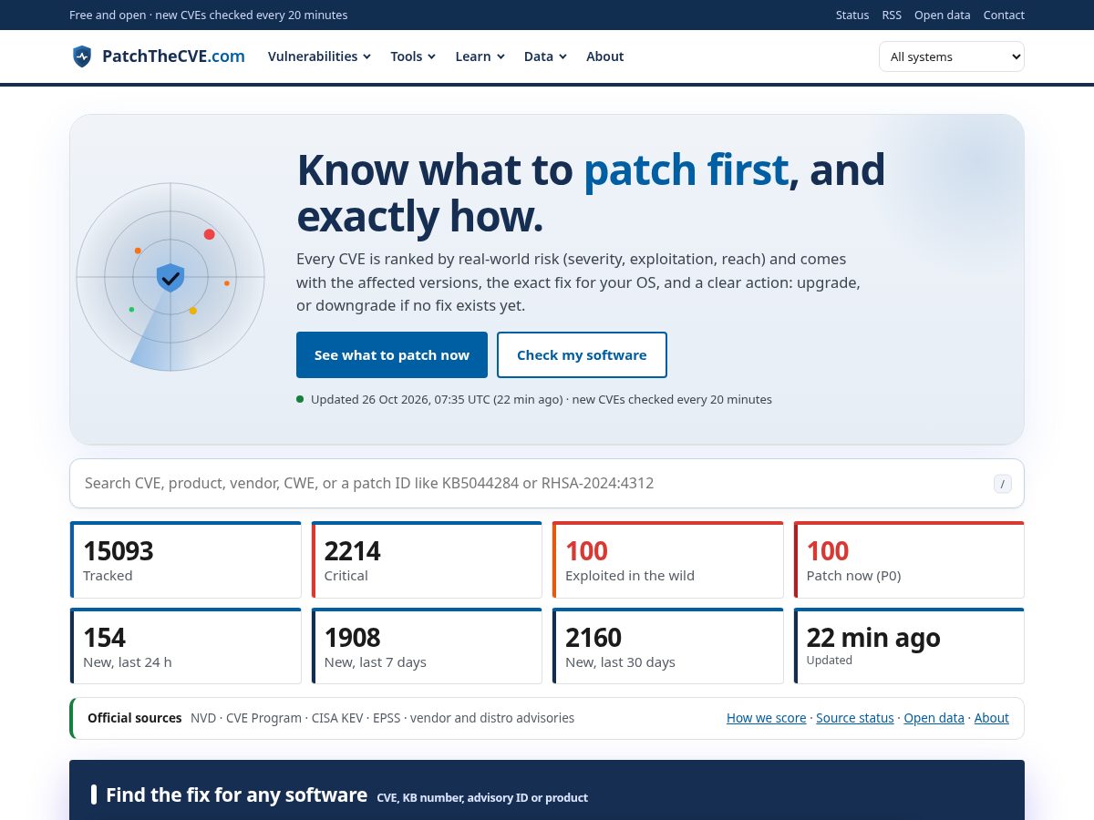 Landing-page snapshot of patchthecve.com