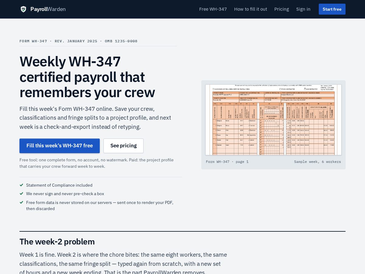 Landing-page snapshot of payrollwarden.com