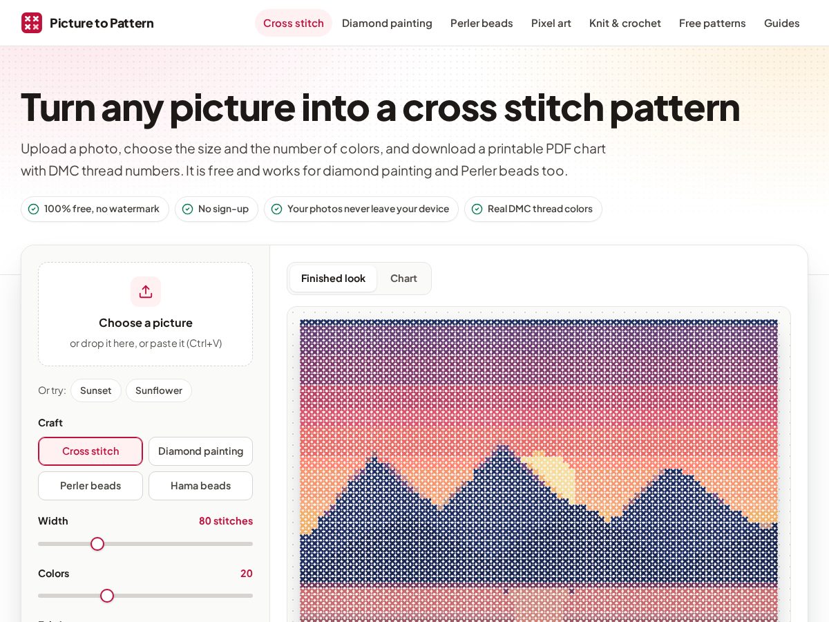 Landing-page snapshot of picturetopattern.com