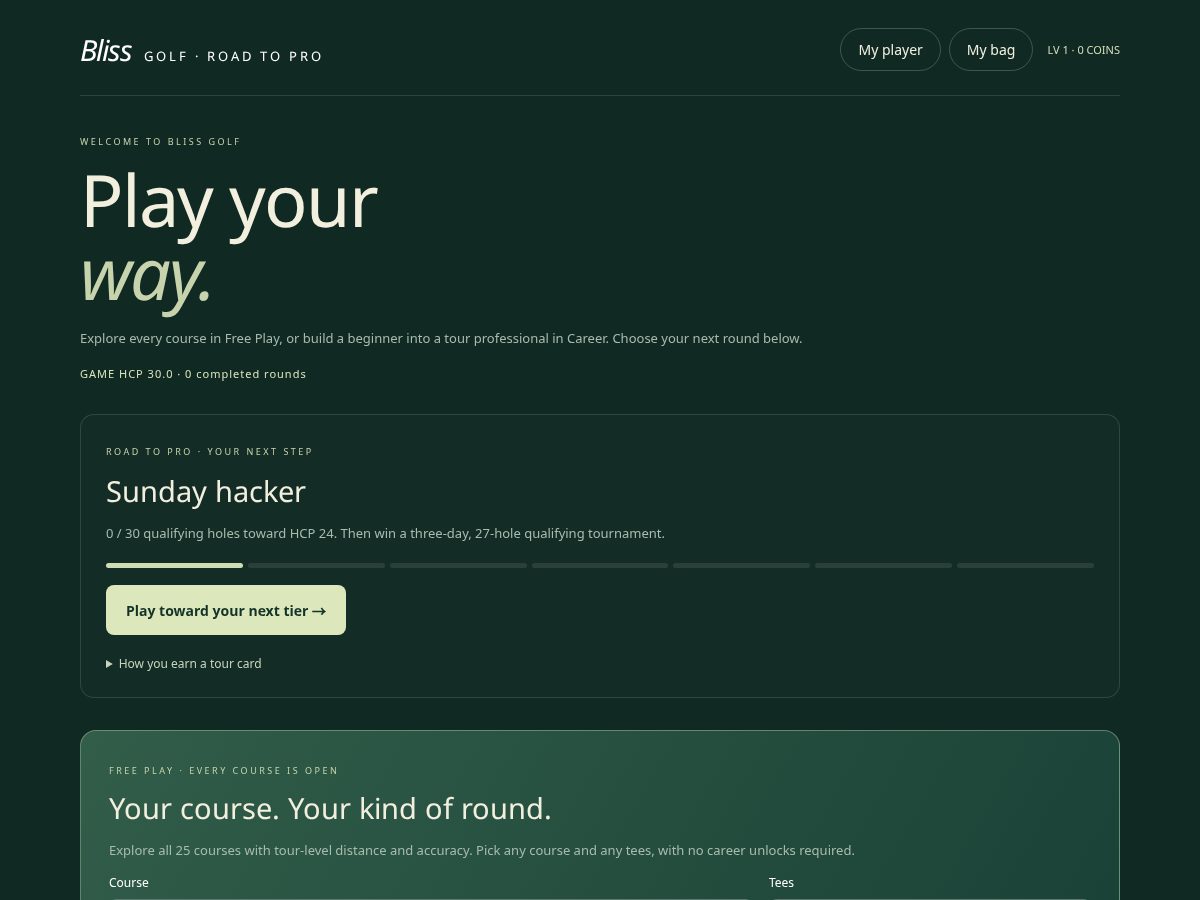 Landing-page snapshot of playblissgolf.com