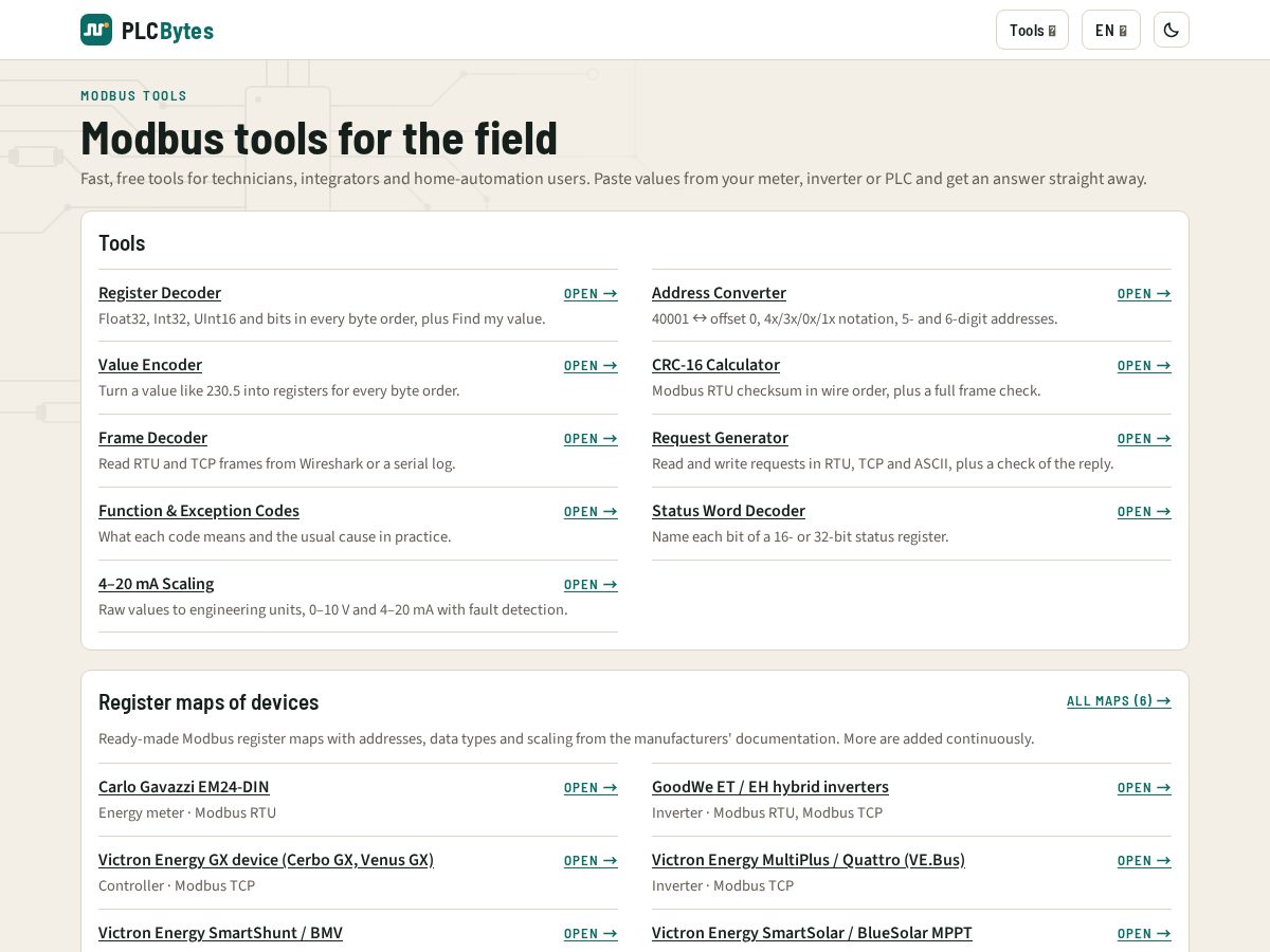Landing-page snapshot of plcbytes.com