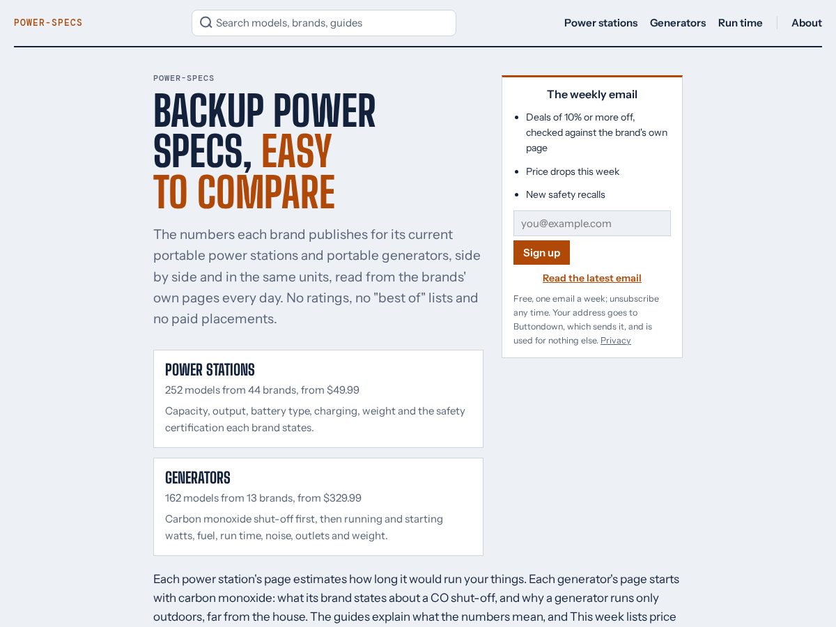 Landing-page snapshot of power-specs.com