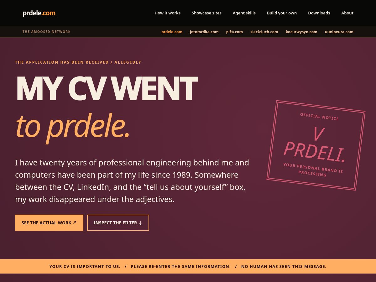Landing-page snapshot of prdele.com