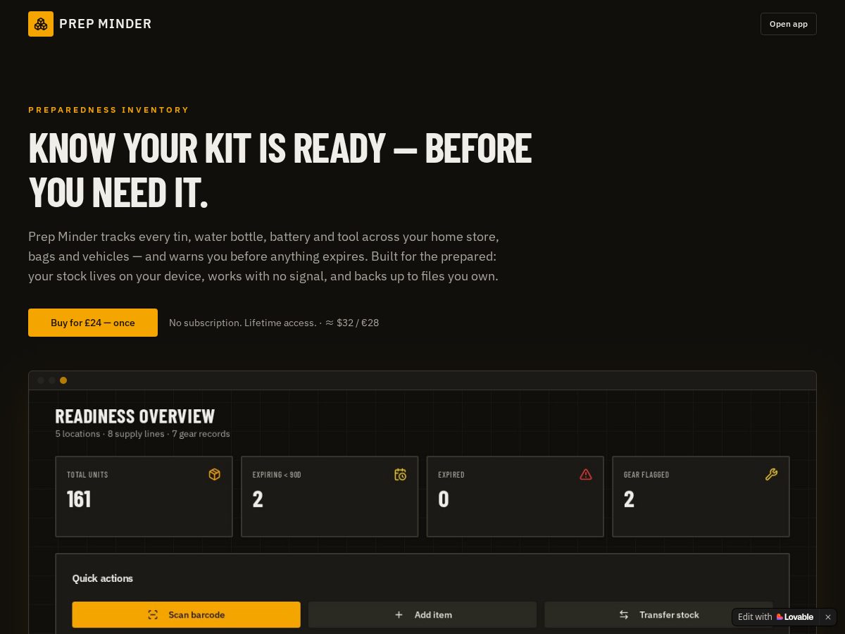 Landing-page snapshot of prepminder.app