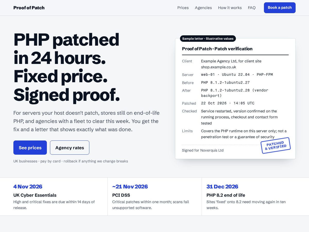 Landing-page snapshot of proofofpatch.com