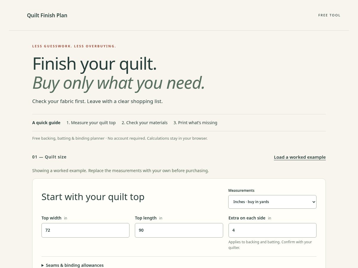 Landing-page snapshot of quiltfinishplan.com