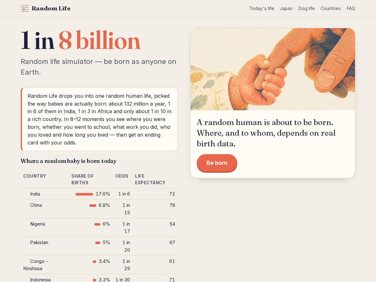 Landing-page snapshot of randomlife.app