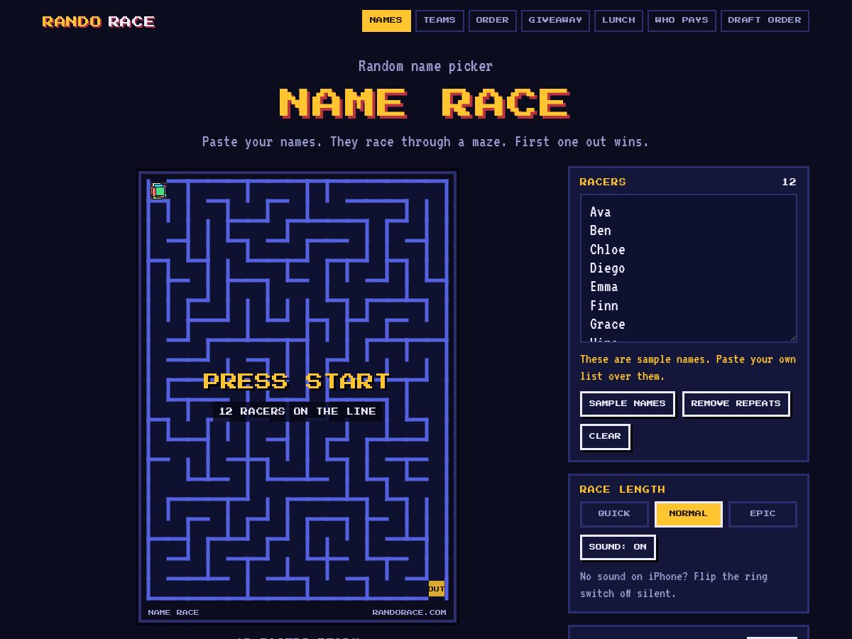 Landing-page snapshot of randorace.com
