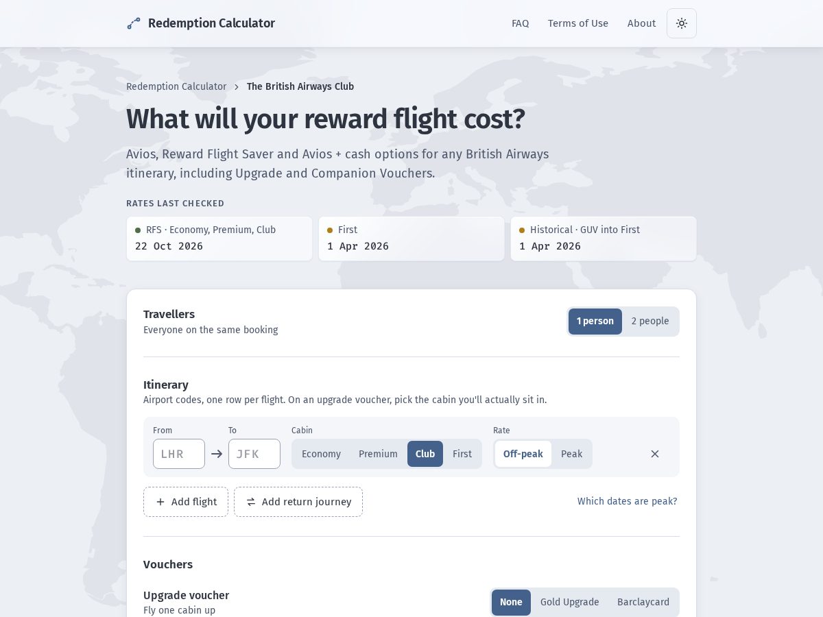 Landing-page snapshot of redemptioncalculator.com