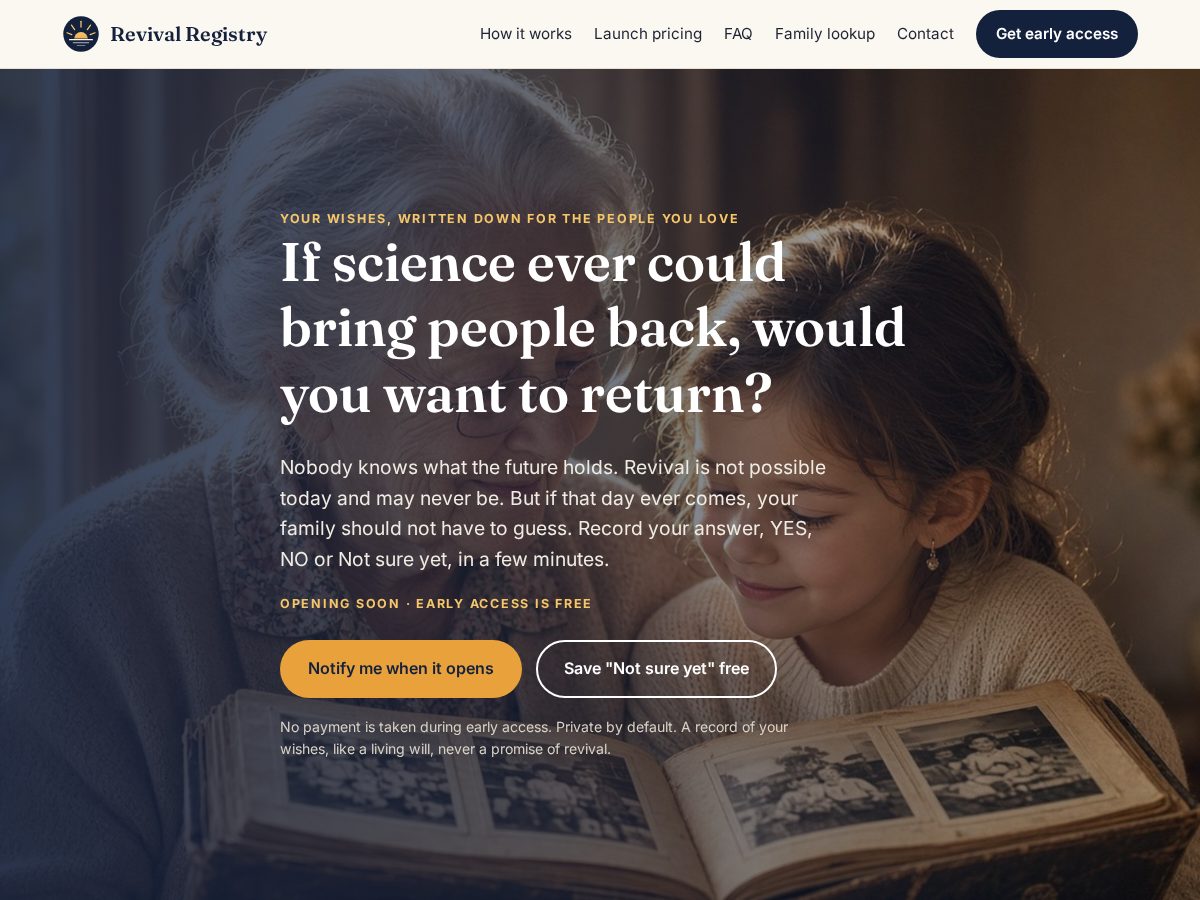 Landing-page snapshot of revivalregistry.com