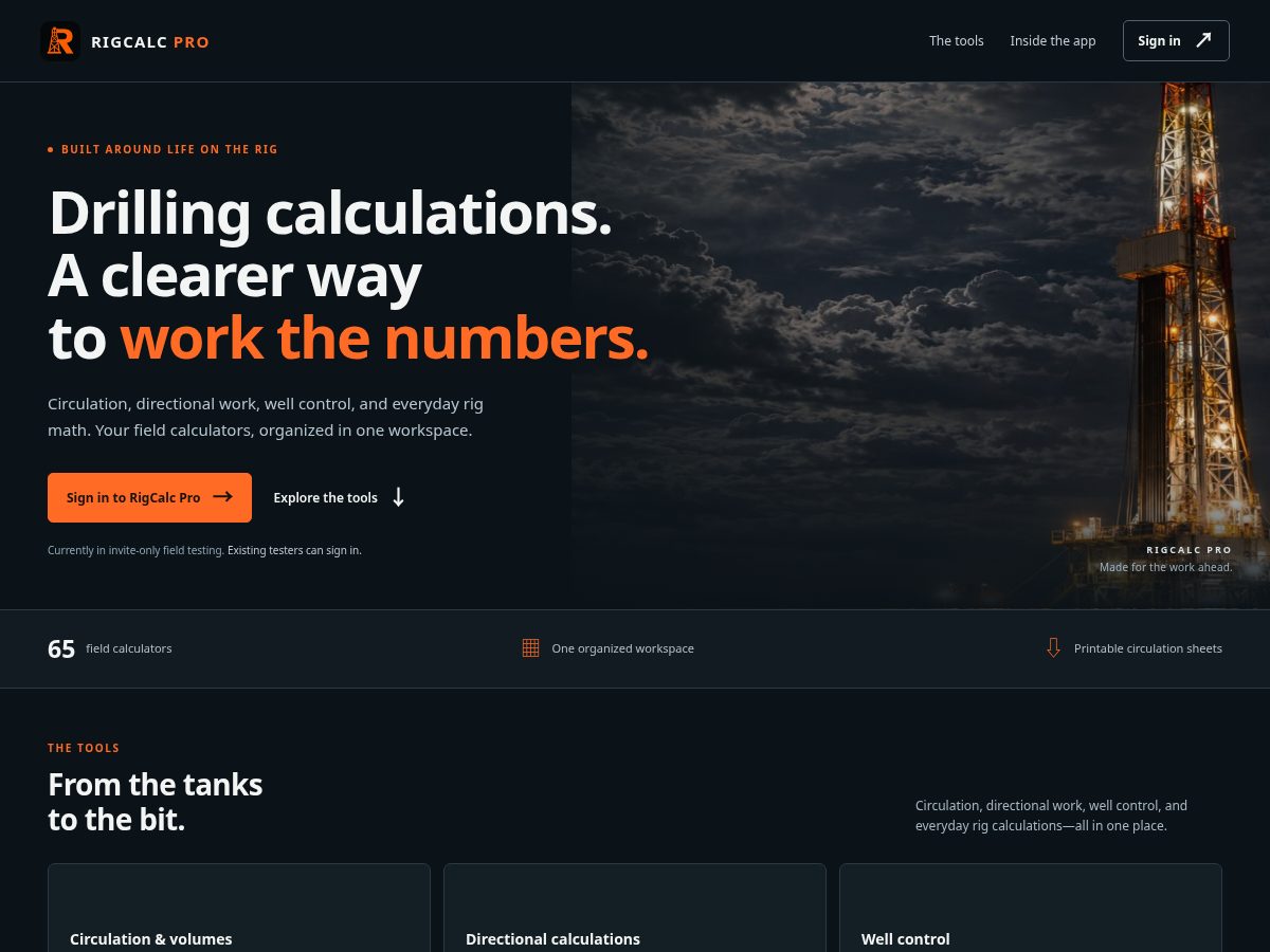Landing-page snapshot of rigcalpro.com