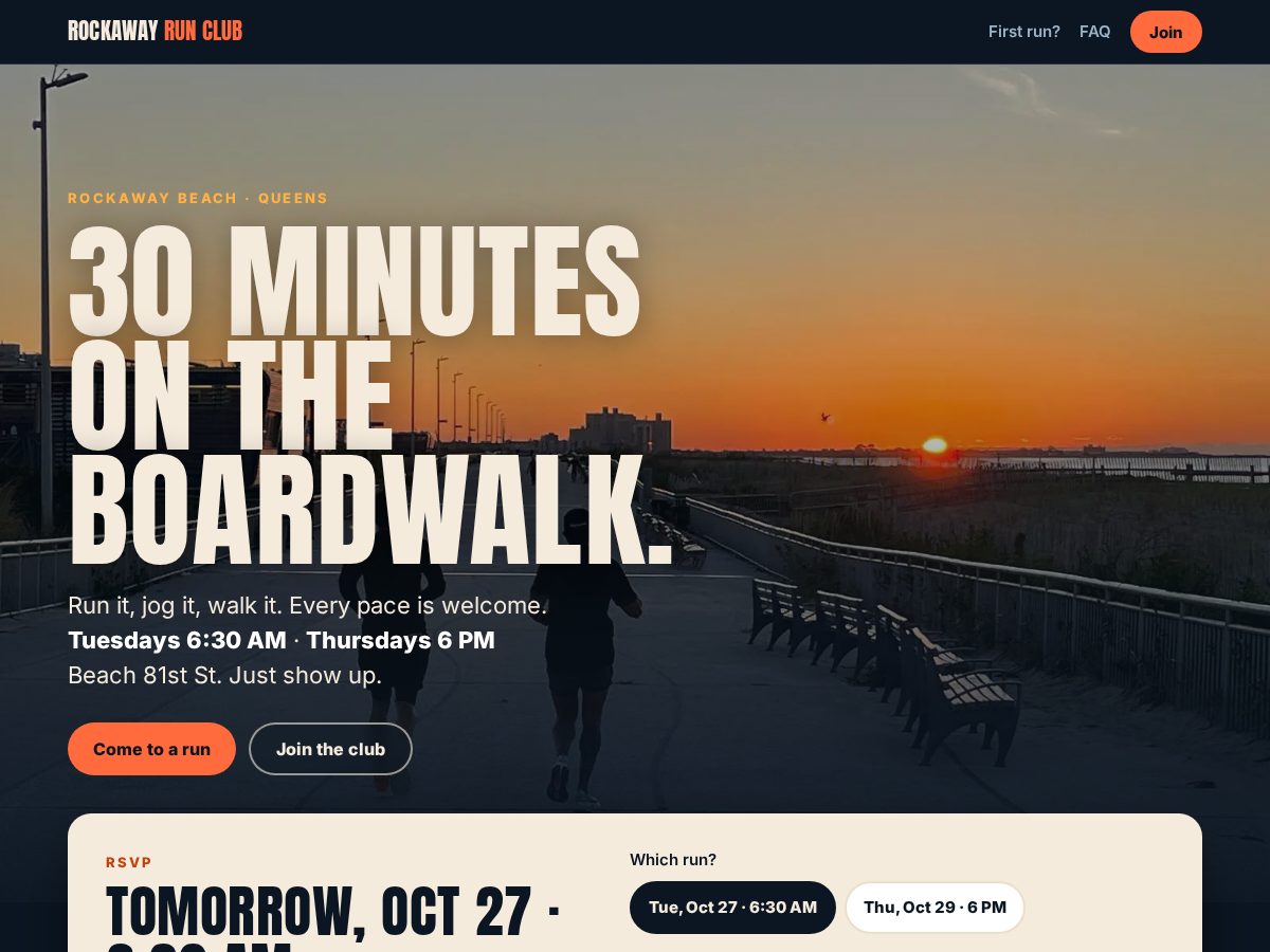 Landing-page snapshot of rockawayrunclub.com