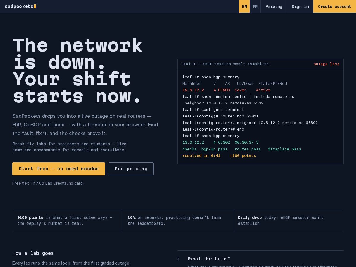 Landing-page snapshot of sadpackets.com