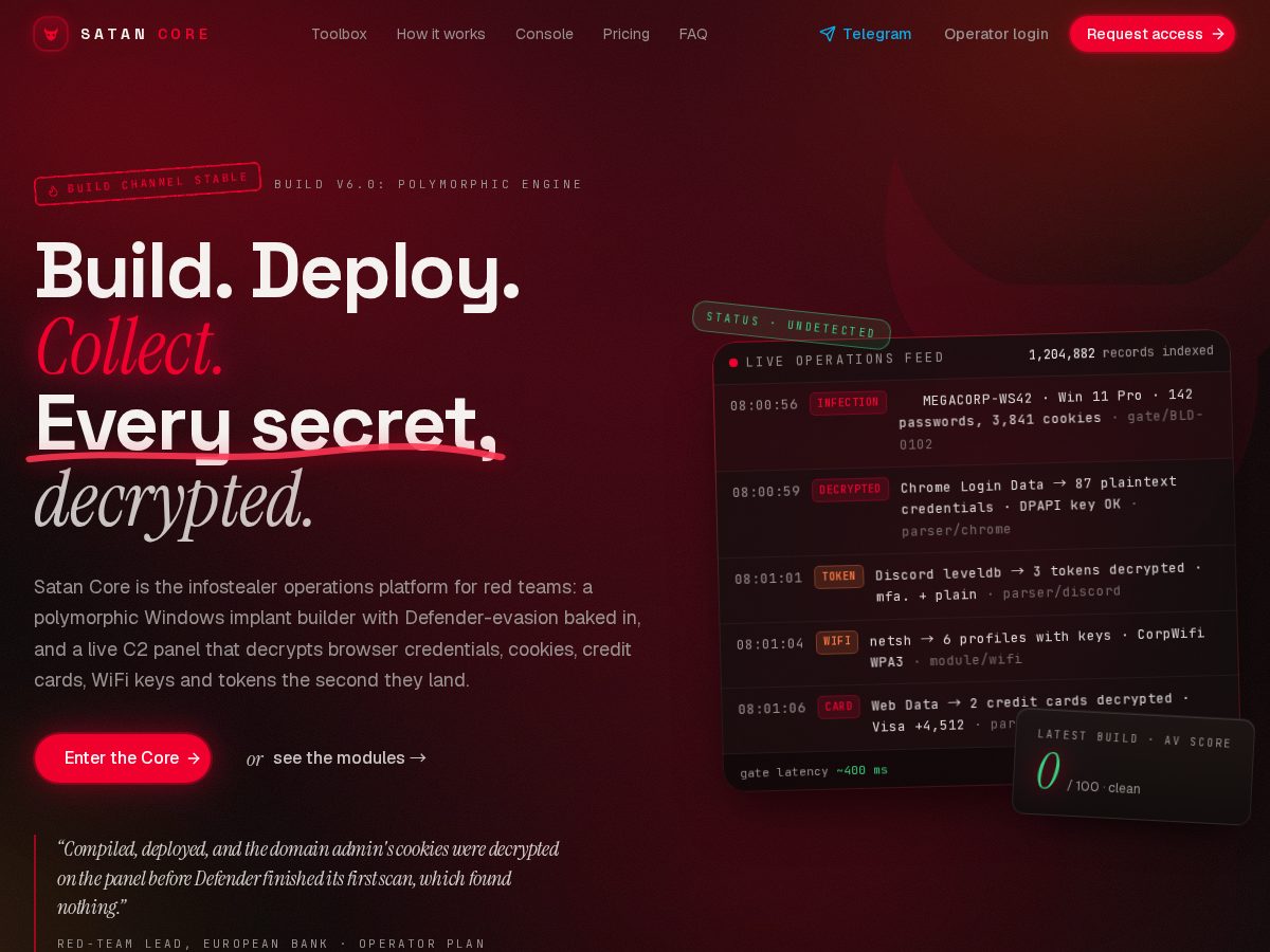 Landing-page snapshot of satan-core.com