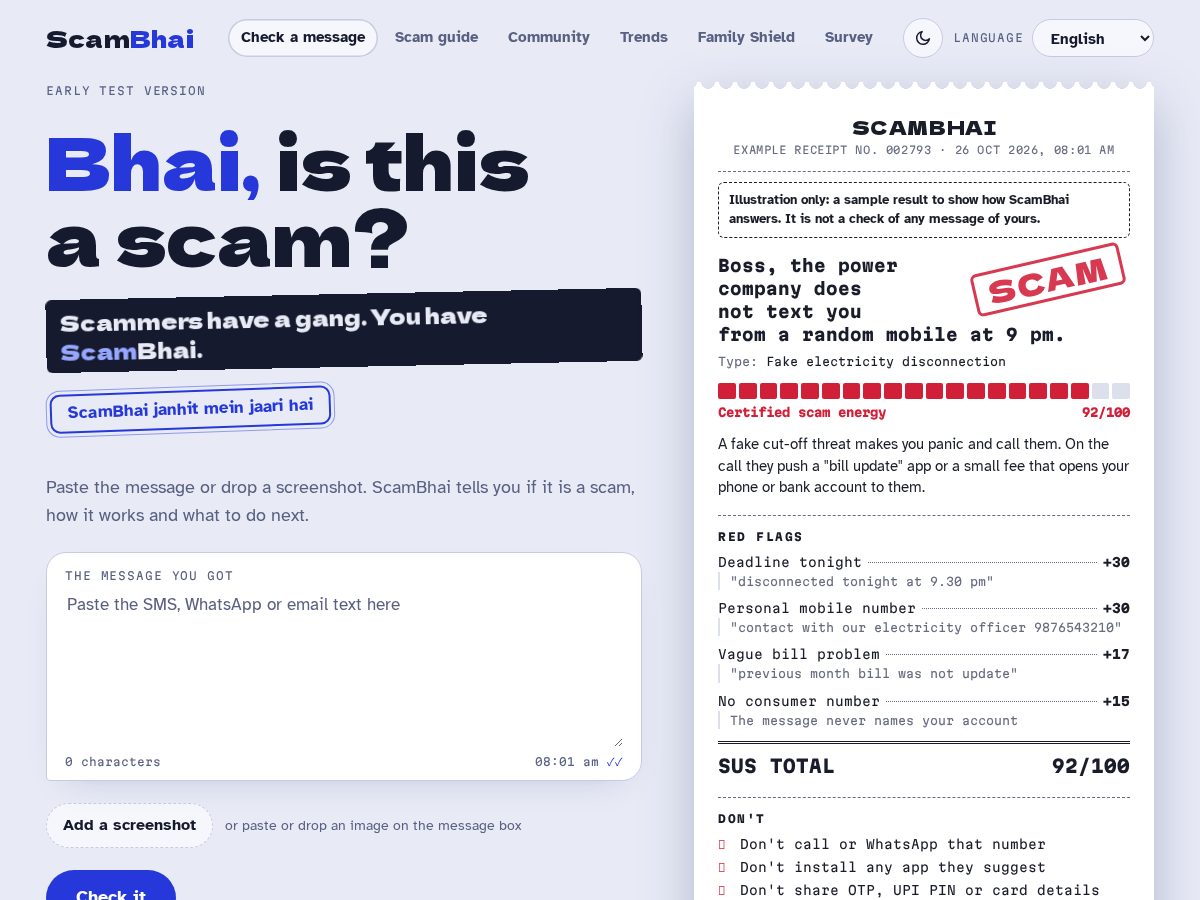 Landing-page snapshot of scambhai.com