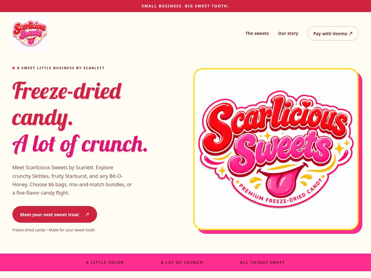Landing-page snapshot of scarlicioussweets.com