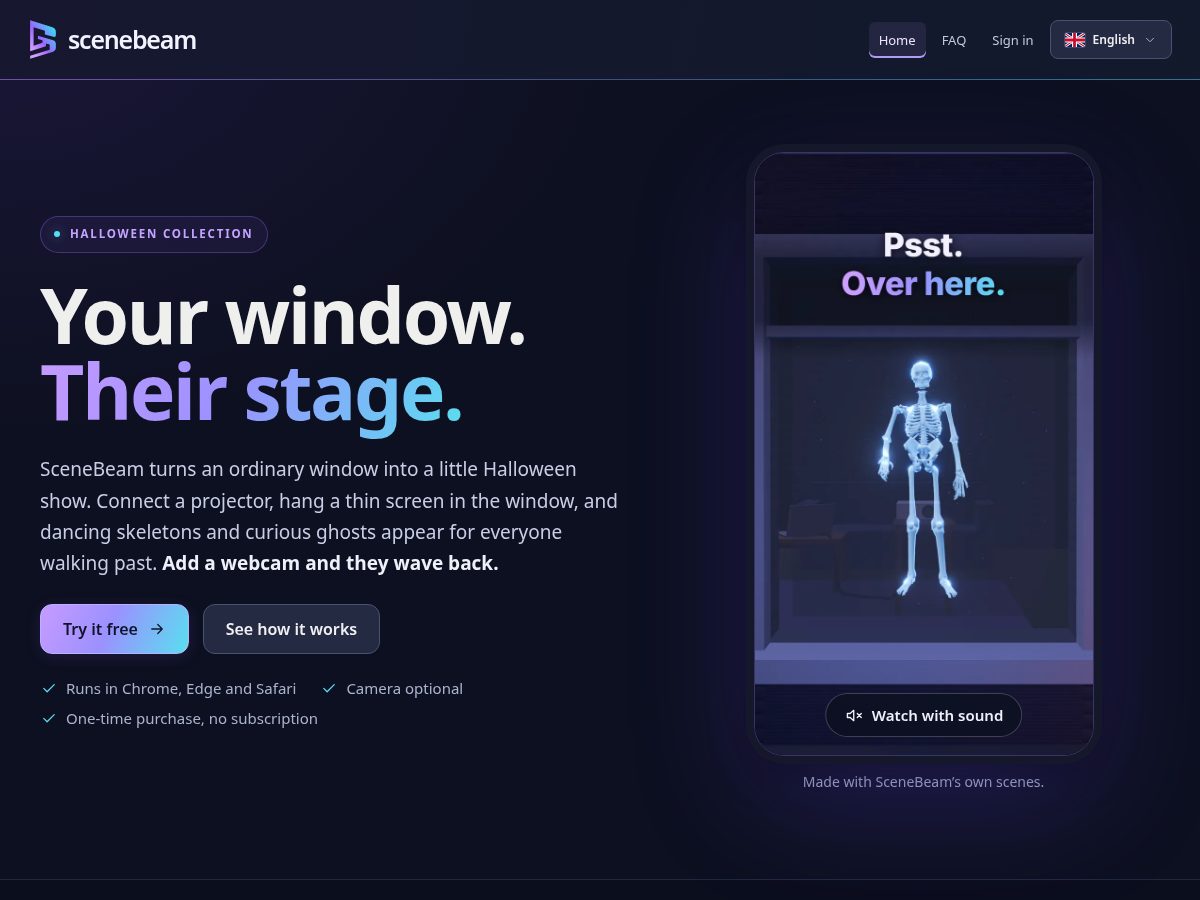 Landing-page snapshot of scenebeam.app