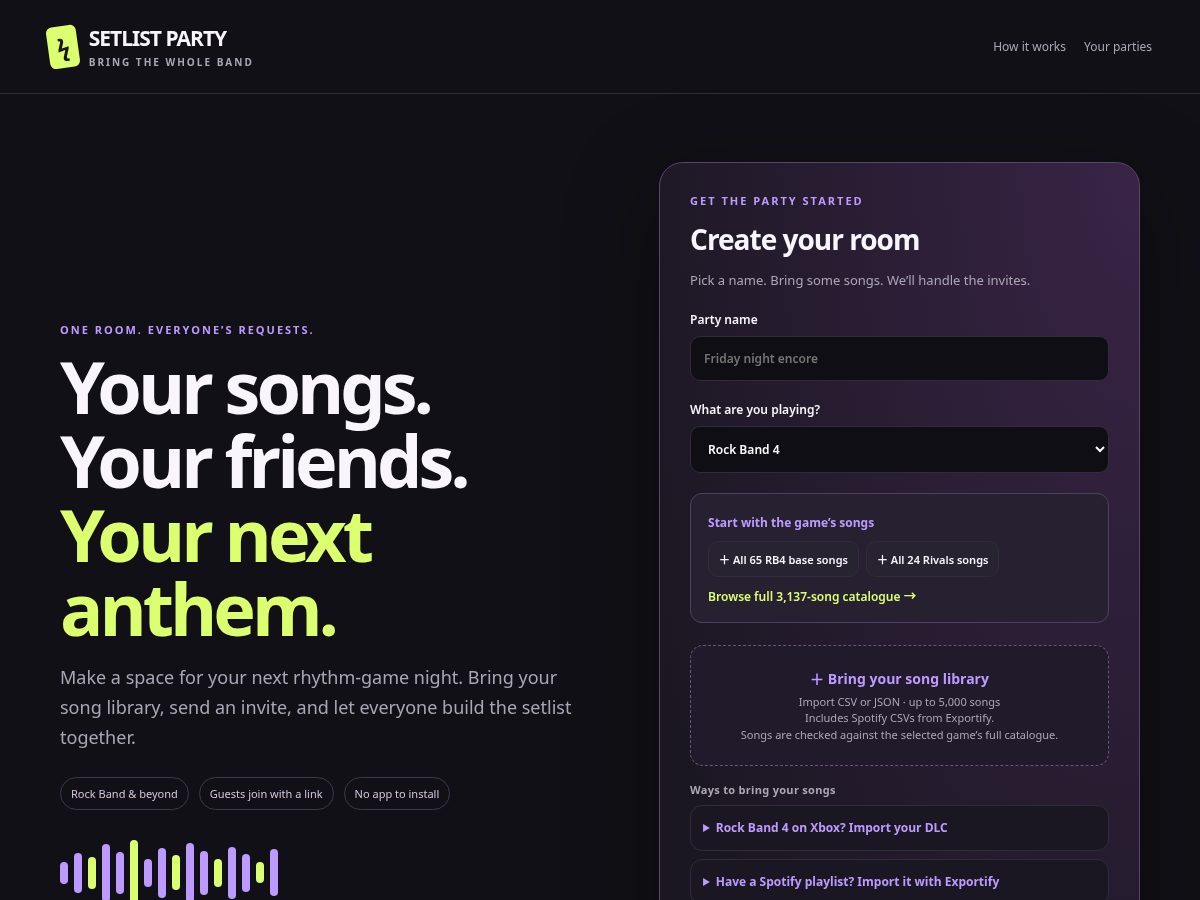 Landing-page snapshot of setlistparty.com