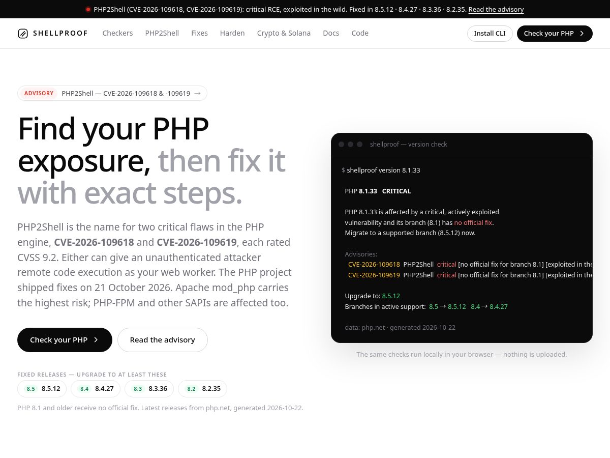 Landing-page snapshot of shellproof.dev