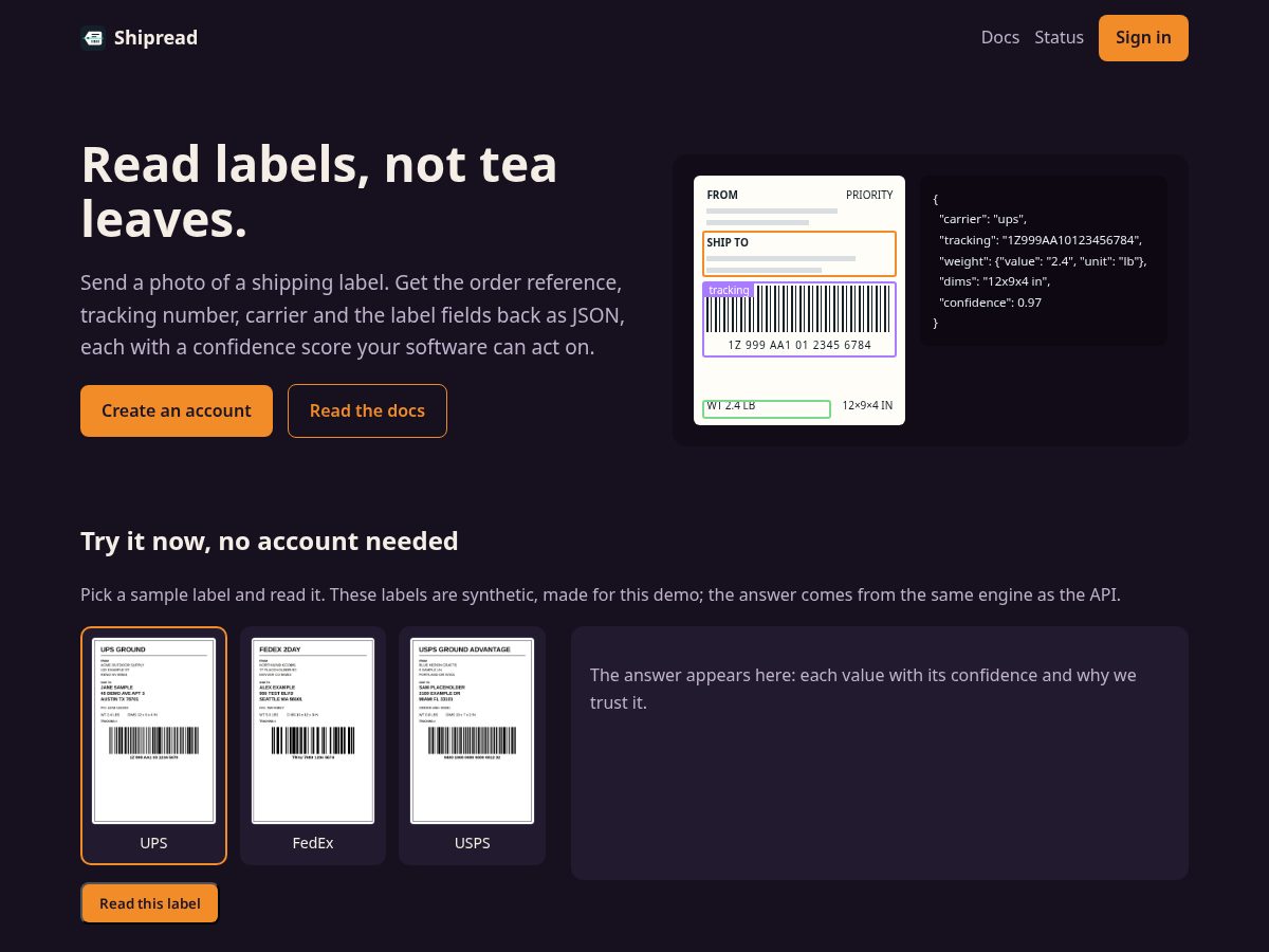 Landing-page snapshot of shipread.com