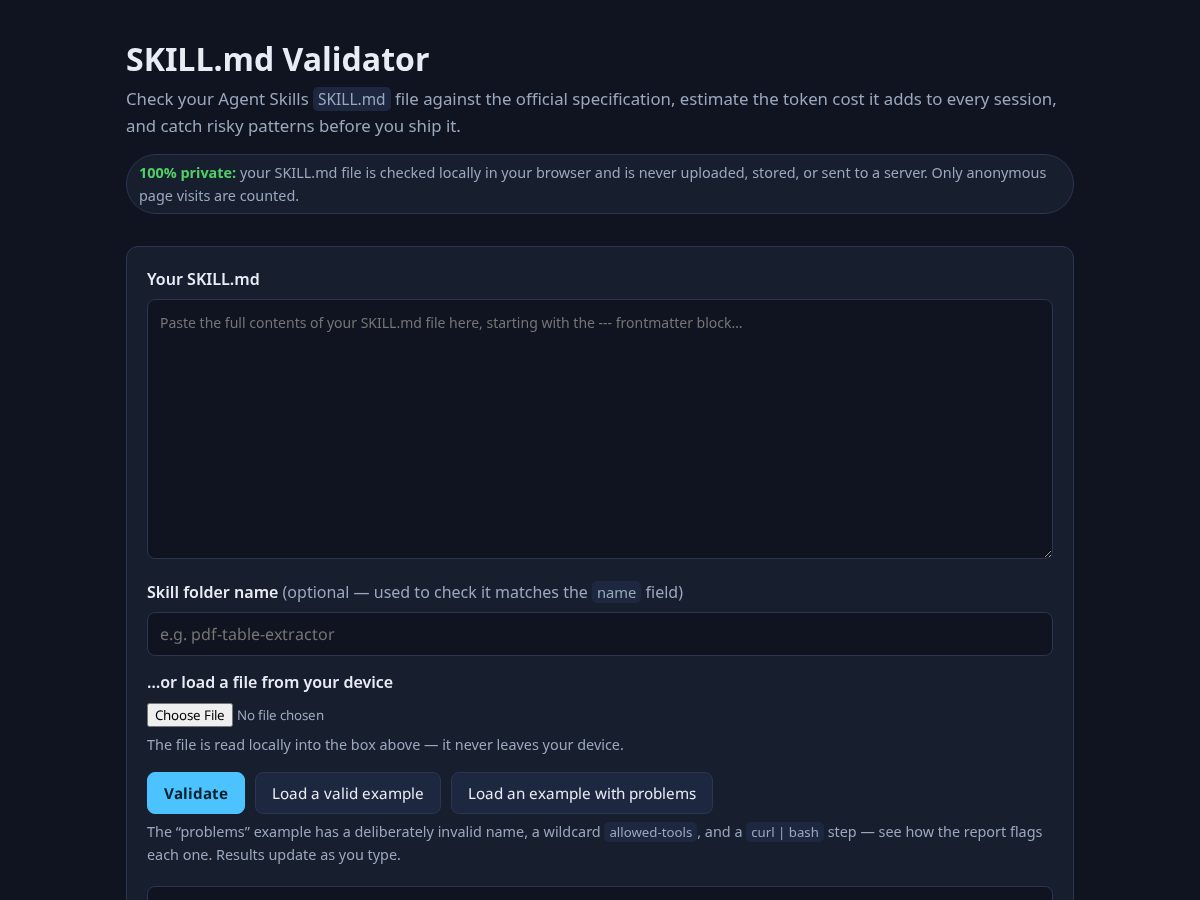 Landing-page snapshot of skillmdvalidator.com