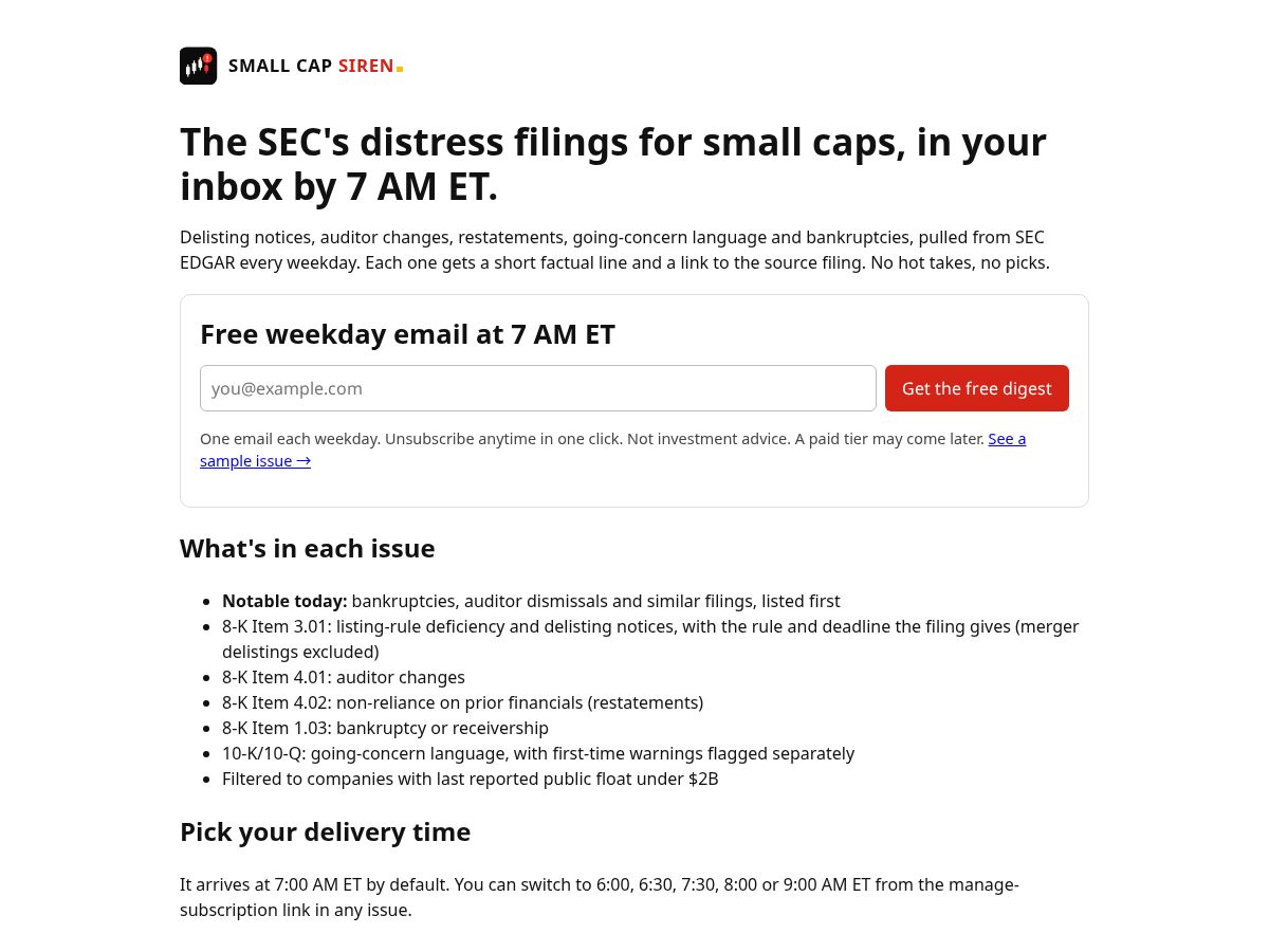 Landing-page snapshot of smallcapsiren.com