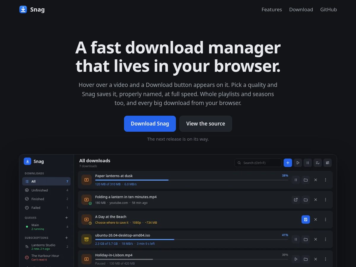 Landing-page snapshot of snagdl.com