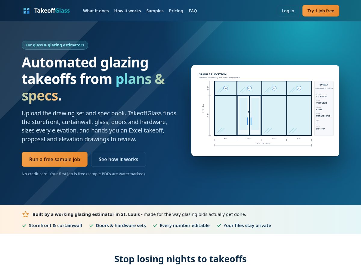 Landing-page snapshot of takeoffglass.com