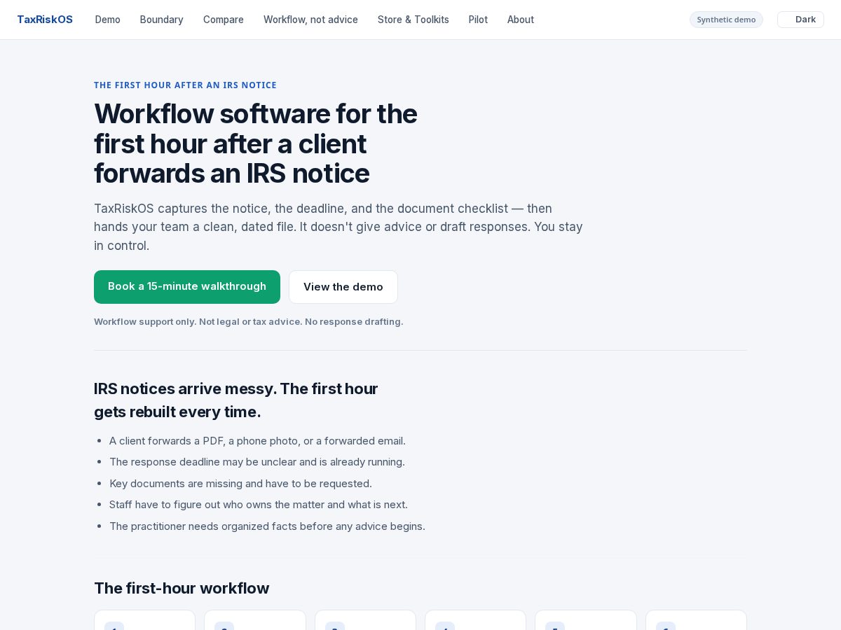 Landing-page snapshot of taxriskos.com