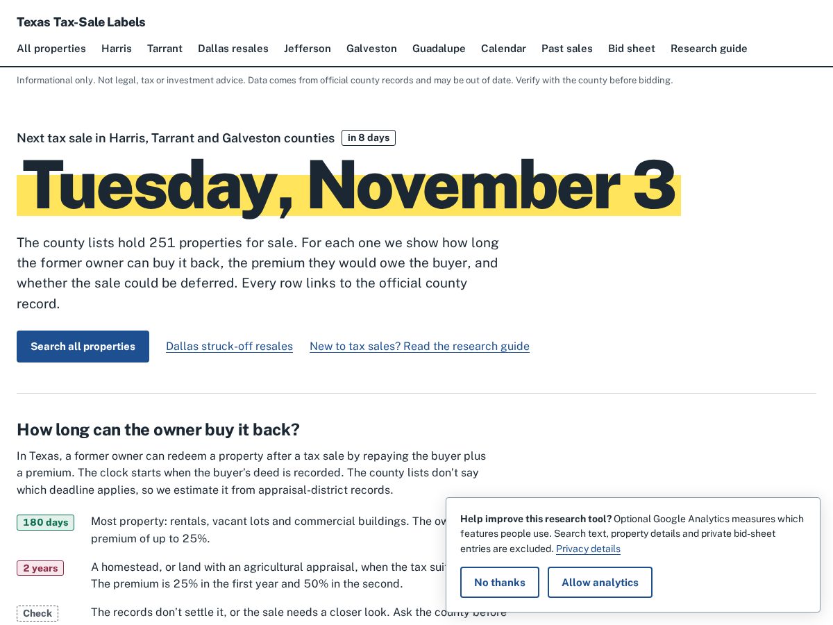 Landing-page snapshot of taxsalewatch.com