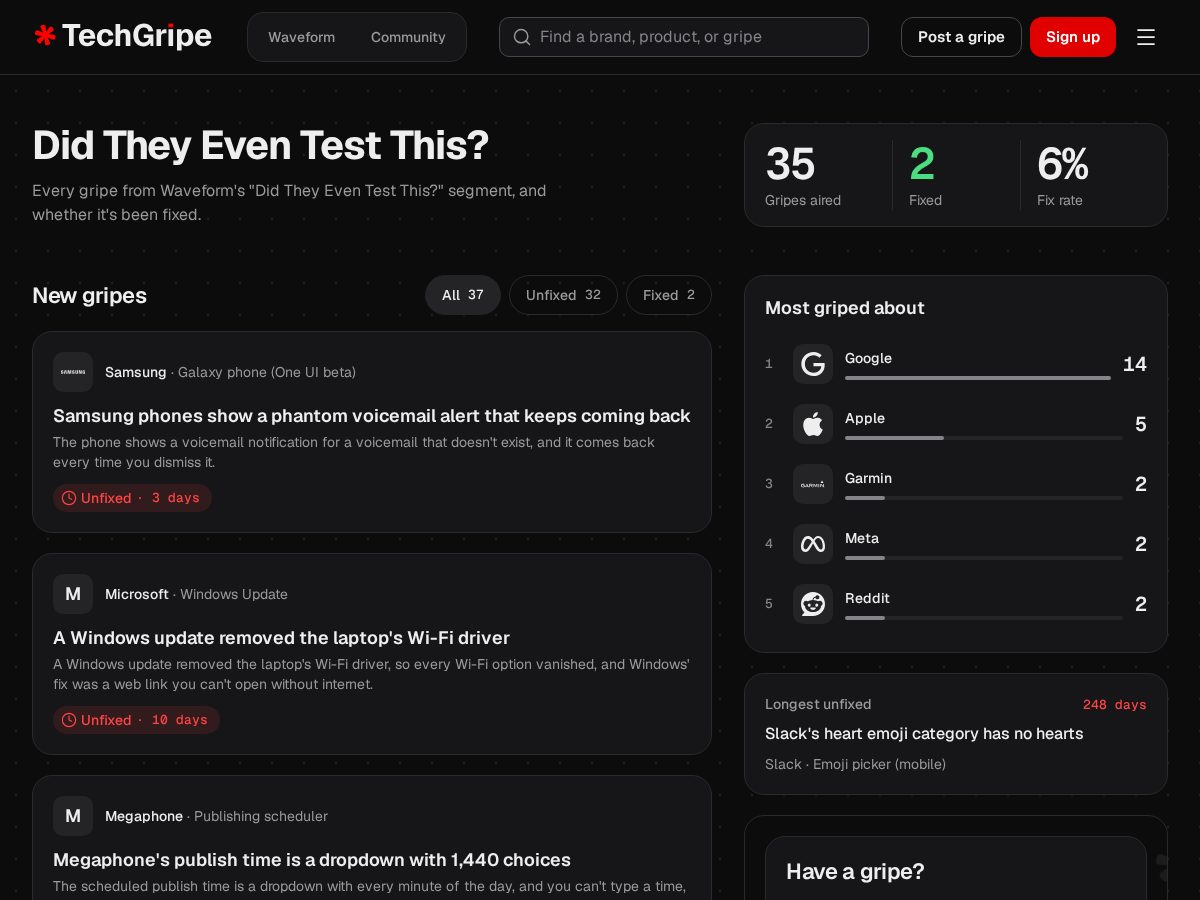 Landing-page snapshot of techgripe.com