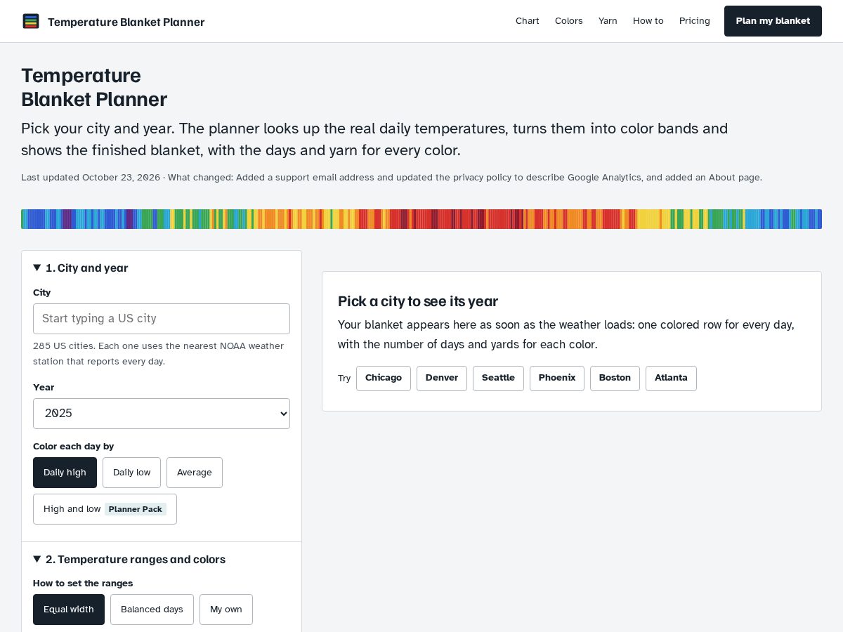 Landing-page snapshot of temperatureblanket.site